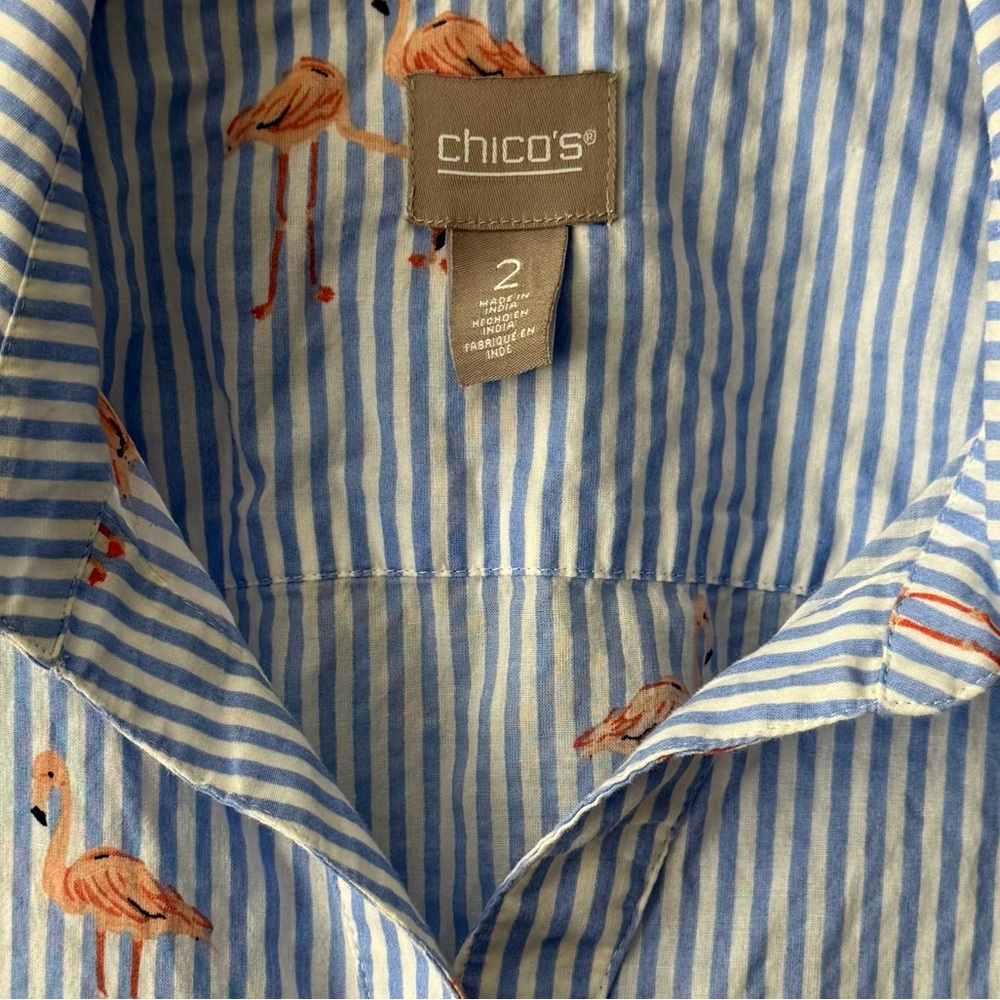 Chico’s Flamingo Stripe Button Down Shirt Size 2 L Blue White Cotton Tropical - Picture 4 of 7